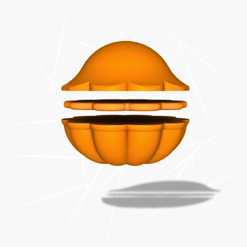 Vue 3D de notre Madlen®, une madeleine ronde avec une bosse parfaite, une coquille rainurée, et une garniture au centre façon macaron.