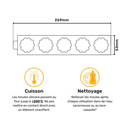 Plan avec dimensions du moule silicone garniture madeleine 45mm - Dessin du Madlen Studio